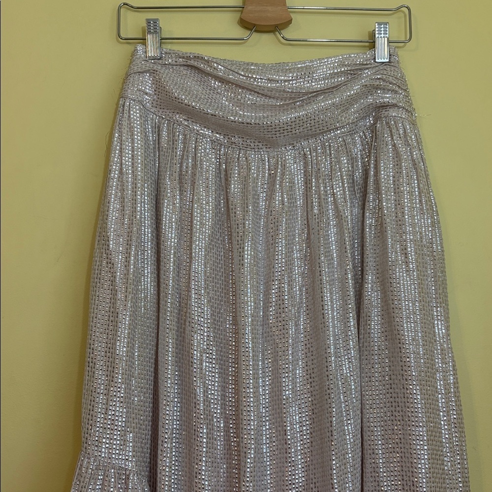 Ramy Brook | Luxe Jessie Pink Shimmer Metallic Split Front Ruffle Maxi Skirt 2 - Picture 10 of 17